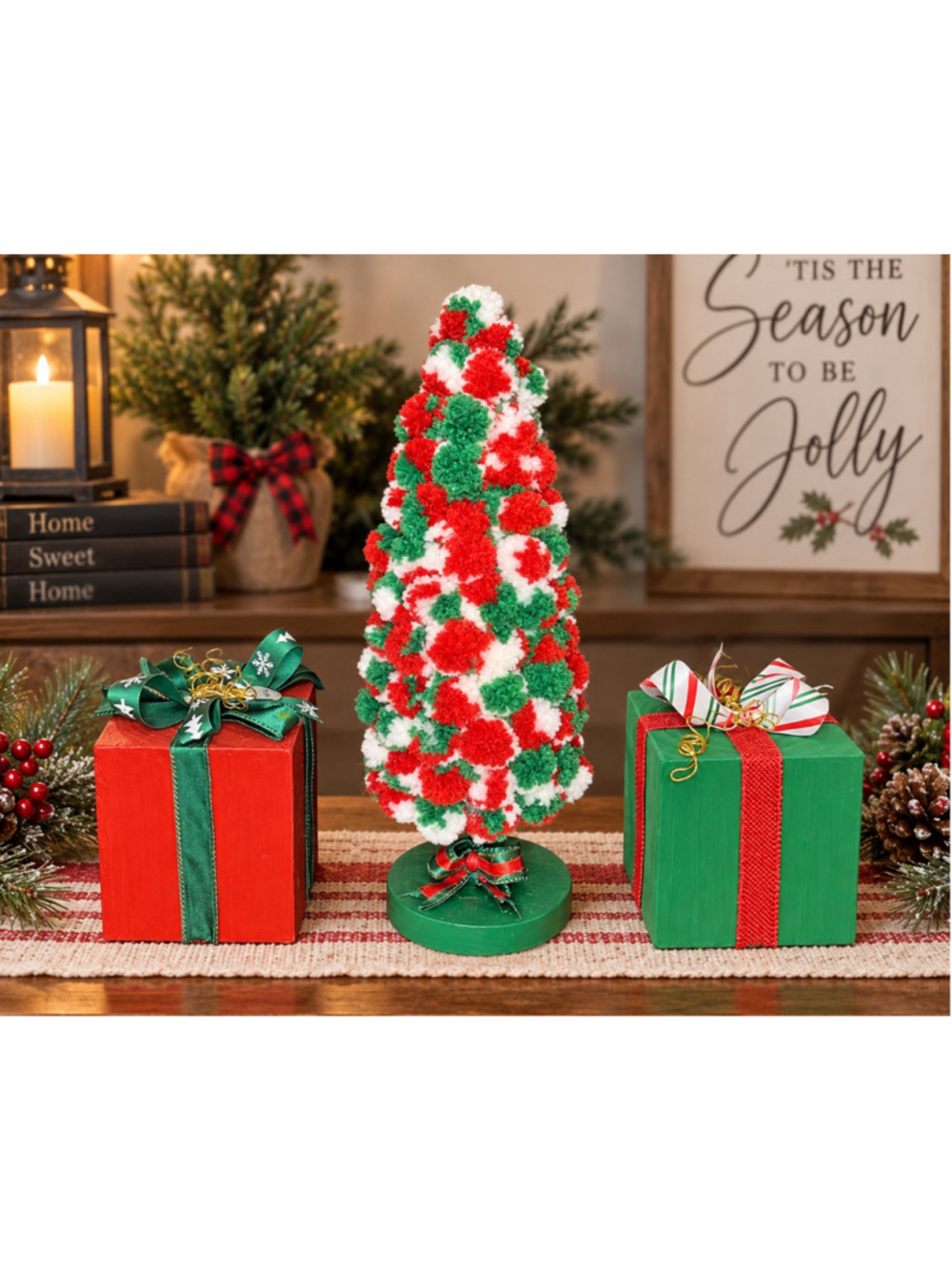 Handmade Pom-Pom Christmas Tree & Wooden Gift Box Set